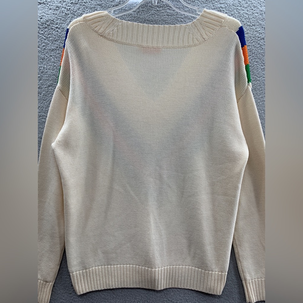 Tory Burch Cream V‑Neck Sweater with Blue, Orange & Green Chevron - Picture 6 of 11